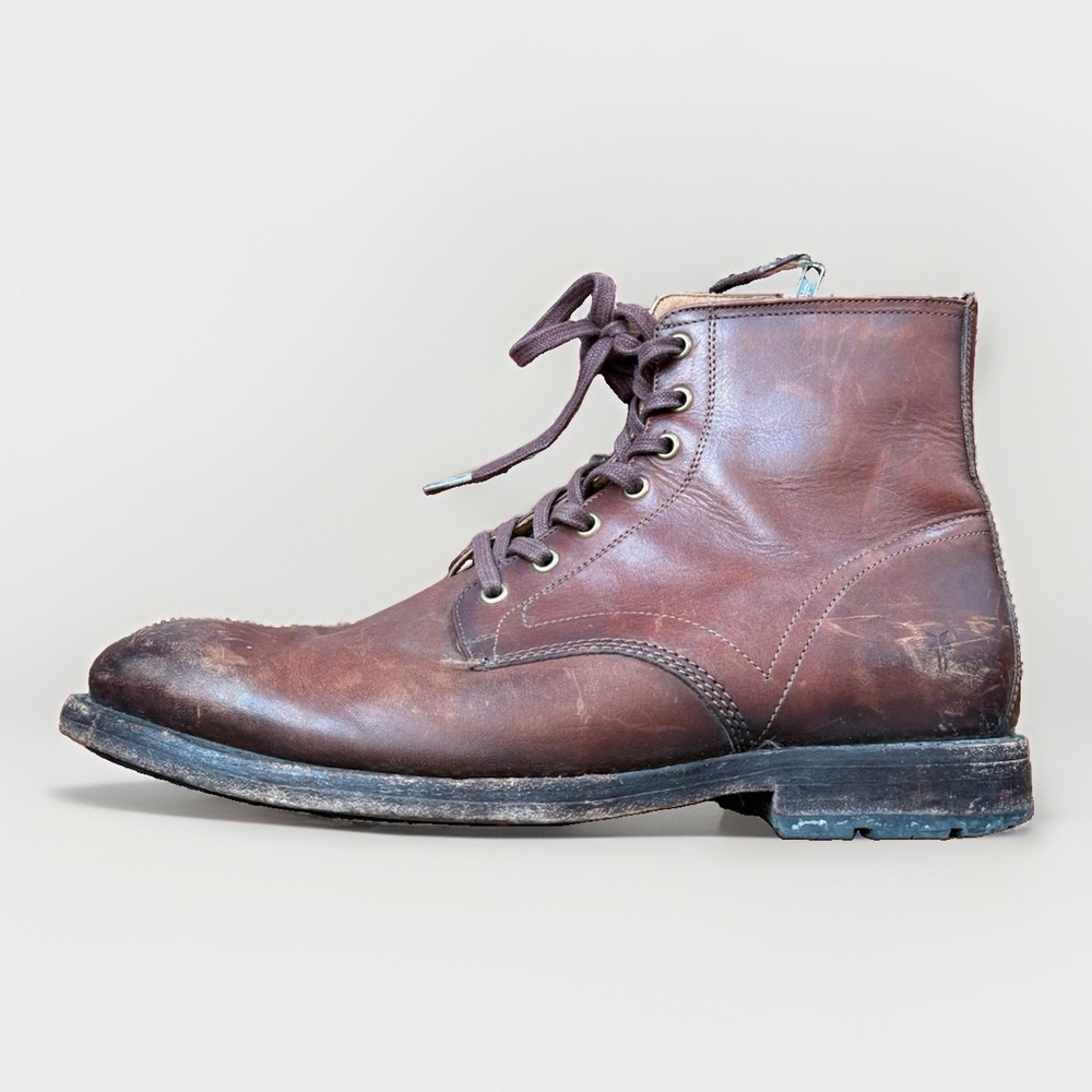 FRYE Tyler Flex Lace Up Boots Brown Suede Men's 10 M Side Zip Leather Patina